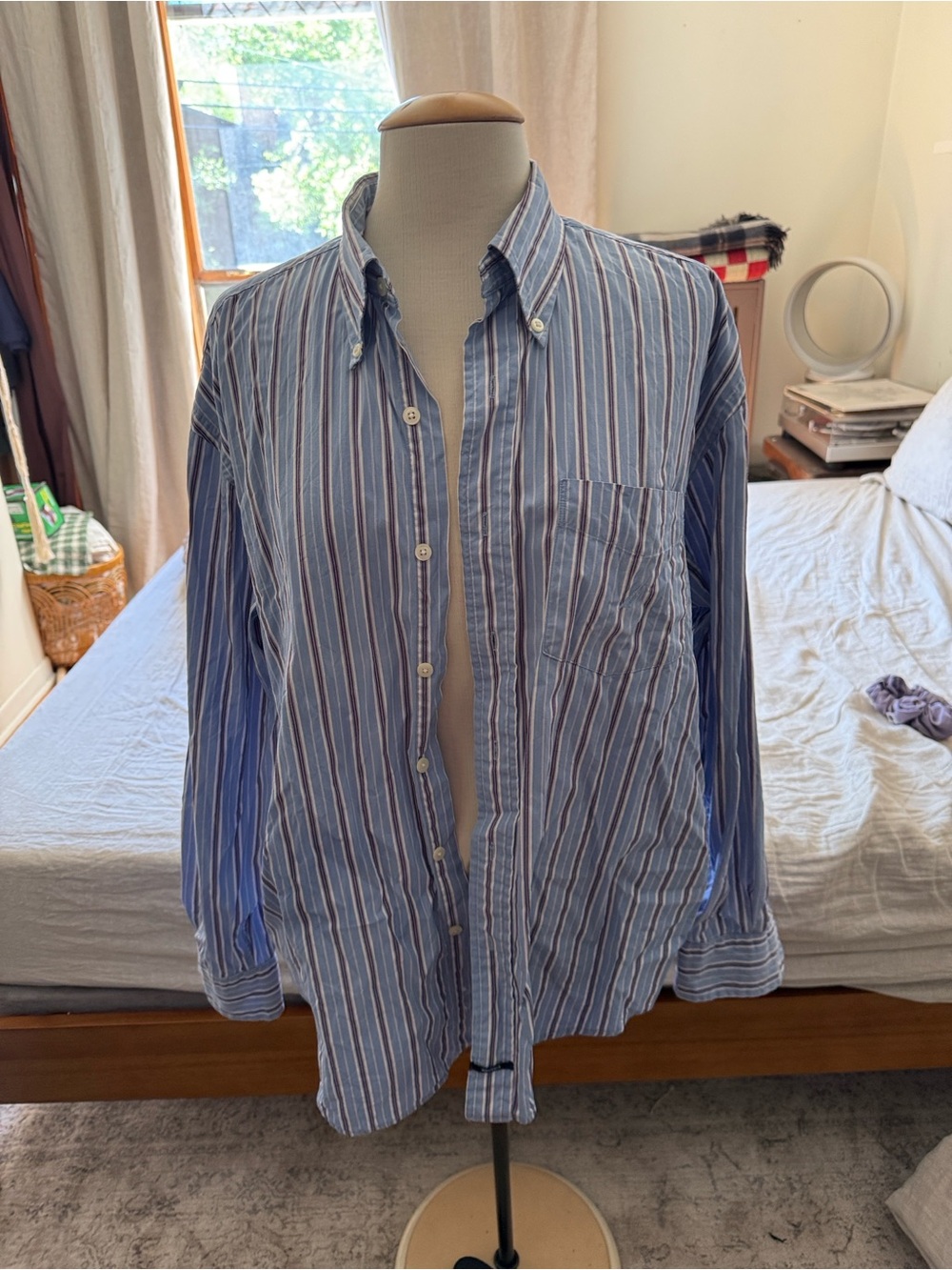 Nautica Blue and White Striped Button-Down Shirt with Red Accents